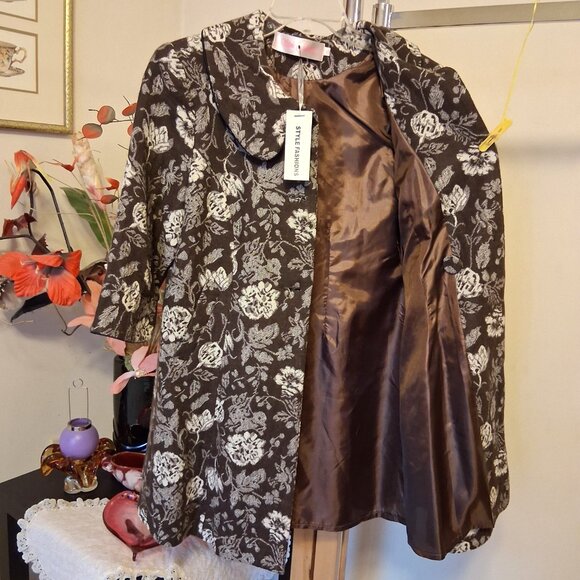 NEW Women’s Elegant Pea Coat Brown White Floral Lined Trench Coat ¾ Sleeve 18 XL - Picture 7 of 9